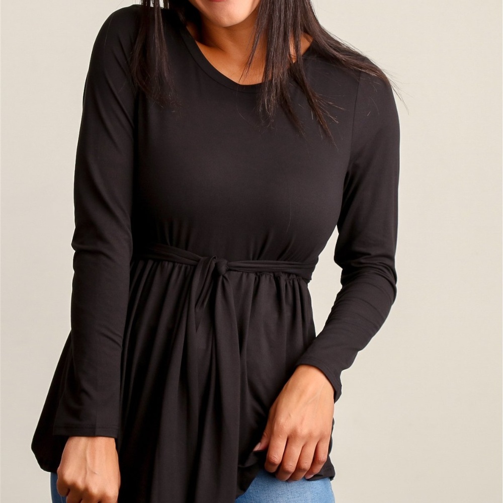 NWOT Sun n Moon Black Round Neck Tie Waist Blouse - Picture 3 of 4